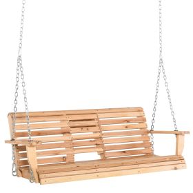 3-Seater Porch Swing Bench Wooden Patio Swing with Folding Table Cup Holders Natural 440lbs