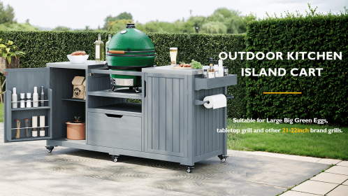 K&K 66.5" Outdoor Kitchen Island for Big Green Egg Grills, Solid Wood Outdoor Grill Cart for Tabletop Grill with Stainless Steel Top, Drawer