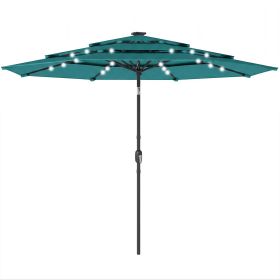9.7 ft Outdoor Patio Umbrella with Solar LED Lights, 3 Tier Outdoor Table Umbrella with Tilt, Crank, Teal