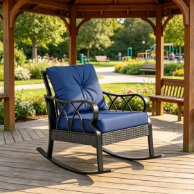Navy blue ribbon cushioned wicker rocking chair with aluminum rattan bars and armrests