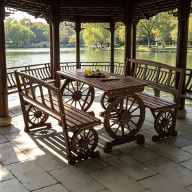 Outdoor Furniture Set for 4 Wagon Wheel Design Carbonized Patio Table And Chairs for Backyard Garden