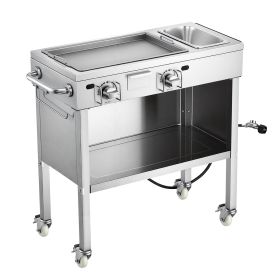 Outdoor Propane Griddle, 2 Burners (11,600 BTU Each), Commercial Stainless Steel Gas Griddle Cart with 4 Lockable Wheels, 1/3 Food Pan