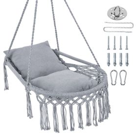 Gray Boho Macrame Hanging Swing Chair with 2 Padded Cushions, 330LBS Capacity Hammock Chair for Indoor Outdoor Bedroom Patio Balcony
