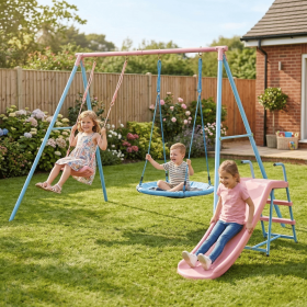 XNS107	Two Swing Set with Slide Blue And Pink For Outdoor Kids Playground