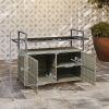 2-Tier Shelf PE Rattan Outdoor Bar Table, Glass Top Outdoor Serving Cart with Cabinet, Mixed Gray