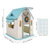 Outdoor Playhouse, 5-In-1 Cottage Play House with Pretend Play, Basketball, Darts, Soccer, Ring Toss, Window & Convenient Door, Toddler Slide Set for