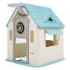 Outdoor Playhouse, 5-In-1 Cottage Play House with Pretend Play, Basketball, Darts, Soccer, Ring Toss, Window & Convenient Door, Toddler Slide Set for