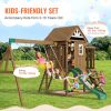 Wooden Swing Set, 9 IN 1 Outdoor Playground Sets for Backyards, 2 Swings, Trapeze Bar, 6 FT Slide, Large Upper Fort with Kitchen Toys