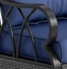 Navy blue ribbon cushioned wicker rocking chair with aluminum rattan bars and armrests