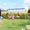 Metal Swing Set with Glider, Two Swing Seats and Adjustable Height, Outdoor Heavy Duty A-Frame Suitable for Playground, Backyard, Green