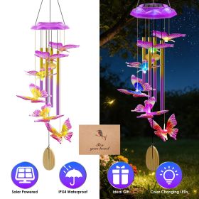 Solar Wind Chime with Aluminum Tubes 7 Color Changing Wind Chime for Outside IP44 Waterproof Outdoor Garden Yard Decor Spring Summer (Color: Purple Butterfly)