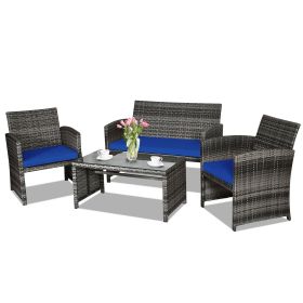 4 Pieces Patio Rattan Furniture Set with Glass Table and Loveseat (Color: Navy)