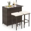 3 Pieces Outdoor Rattan Wicker Bar Set with 2 Cushions Stools