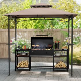 8 x 5 Feet Grill Gazebo with 2 Shelves 6 Hooks and Metal Frame (Color: Brown)
