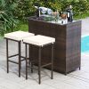 3 Pieces Outdoor Rattan Wicker Bar Set with 2 Cushions Stools