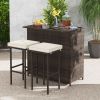 3 Pieces Outdoor Rattan Wicker Bar Set with 2 Cushions Stools
