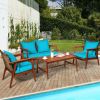 4 Pieces Acacia Wood Patio Rattan Furniture Set with Zippered Cushions